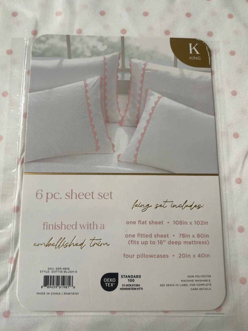 White and pink polka dot sheet set - KING